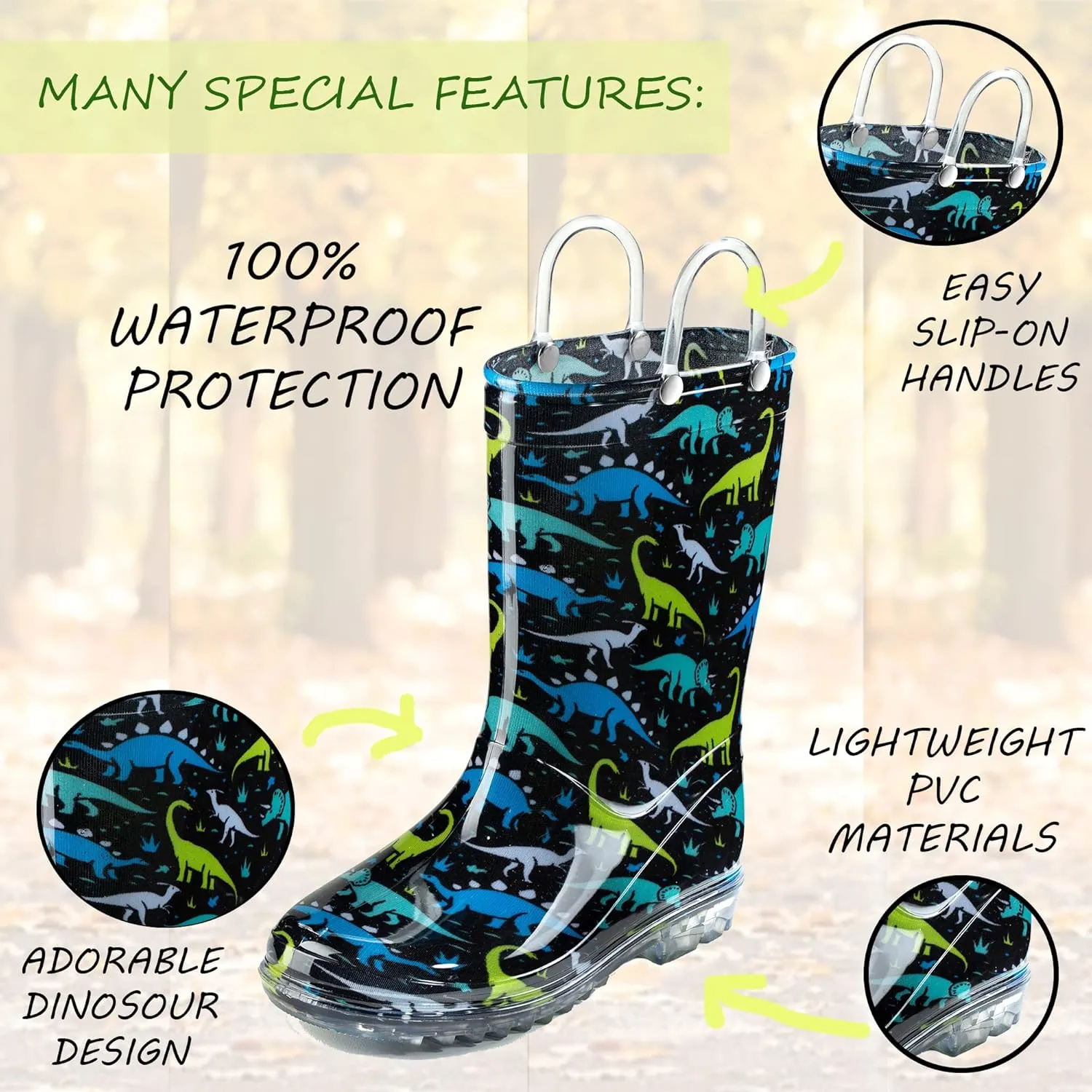 Puddle Play Toddler and Kids Waterproof PVC Rain Boots with Easy-On Handles  Lightweight Slip-Resistant Outdoor Boots for Boys and Girls