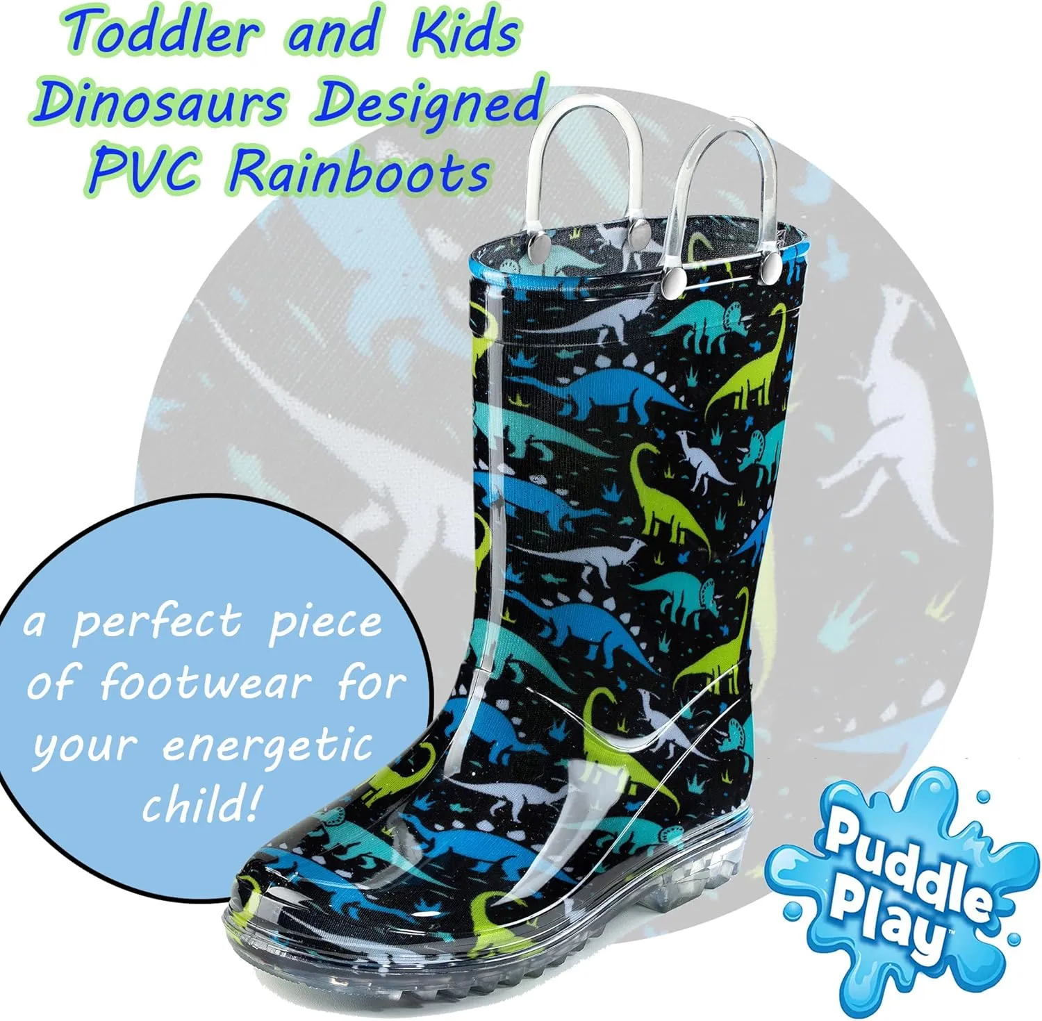 Puddle Play Toddler and Kids Waterproof PVC Rain Boots with Easy-On Handles  Lightweight Slip-Resistant Outdoor Boots for Boys and Girls