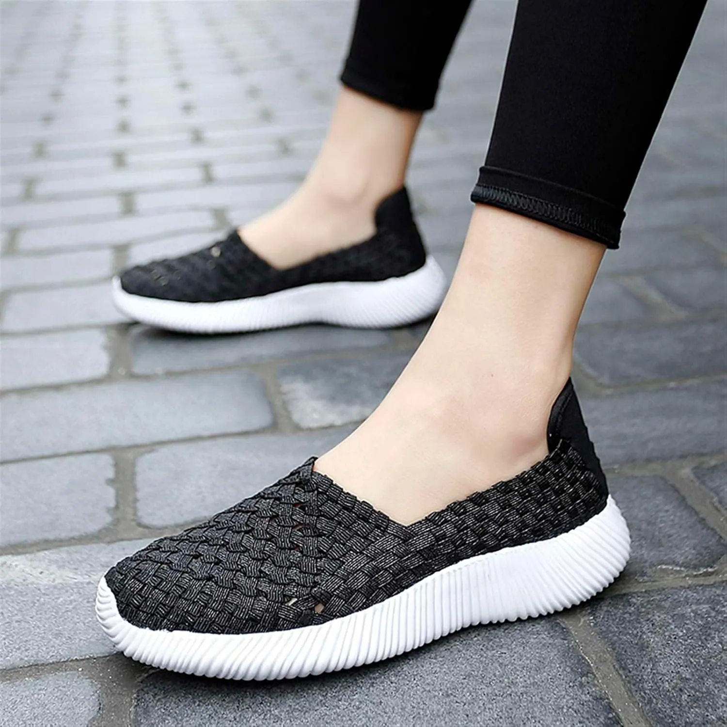 Women's Elastic Woven Walking Shoes Flats Slip on Sneakers Lightweight Walking Running Shoes