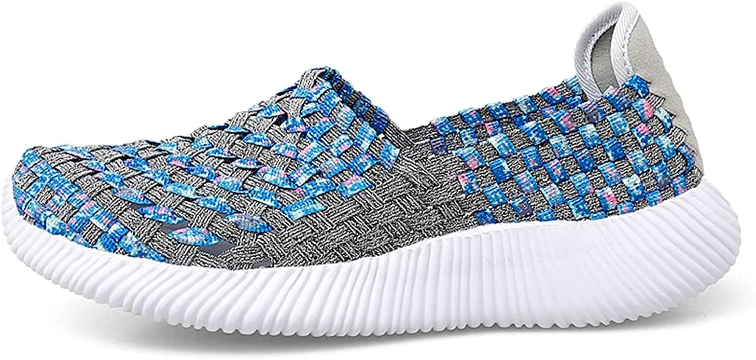 Women's Elastic Woven Walking Shoes Flats Slip on Sneakers Lightweight Walking Running Shoes
